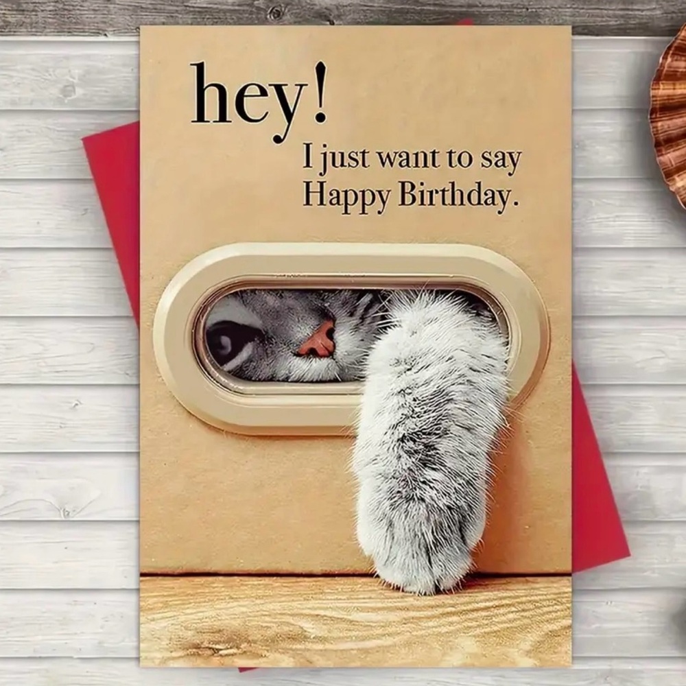 Cute Cat Birthday Card - Beige and Red
